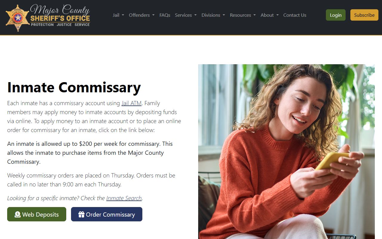 Major County Jail commissary and JailATM deposit information