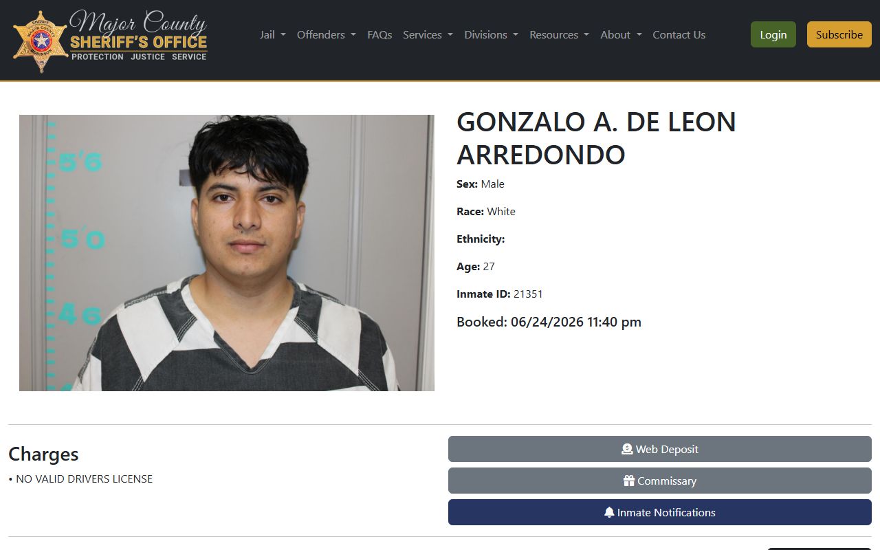 Sample Major County public inmate profile with booking photo and roster fields