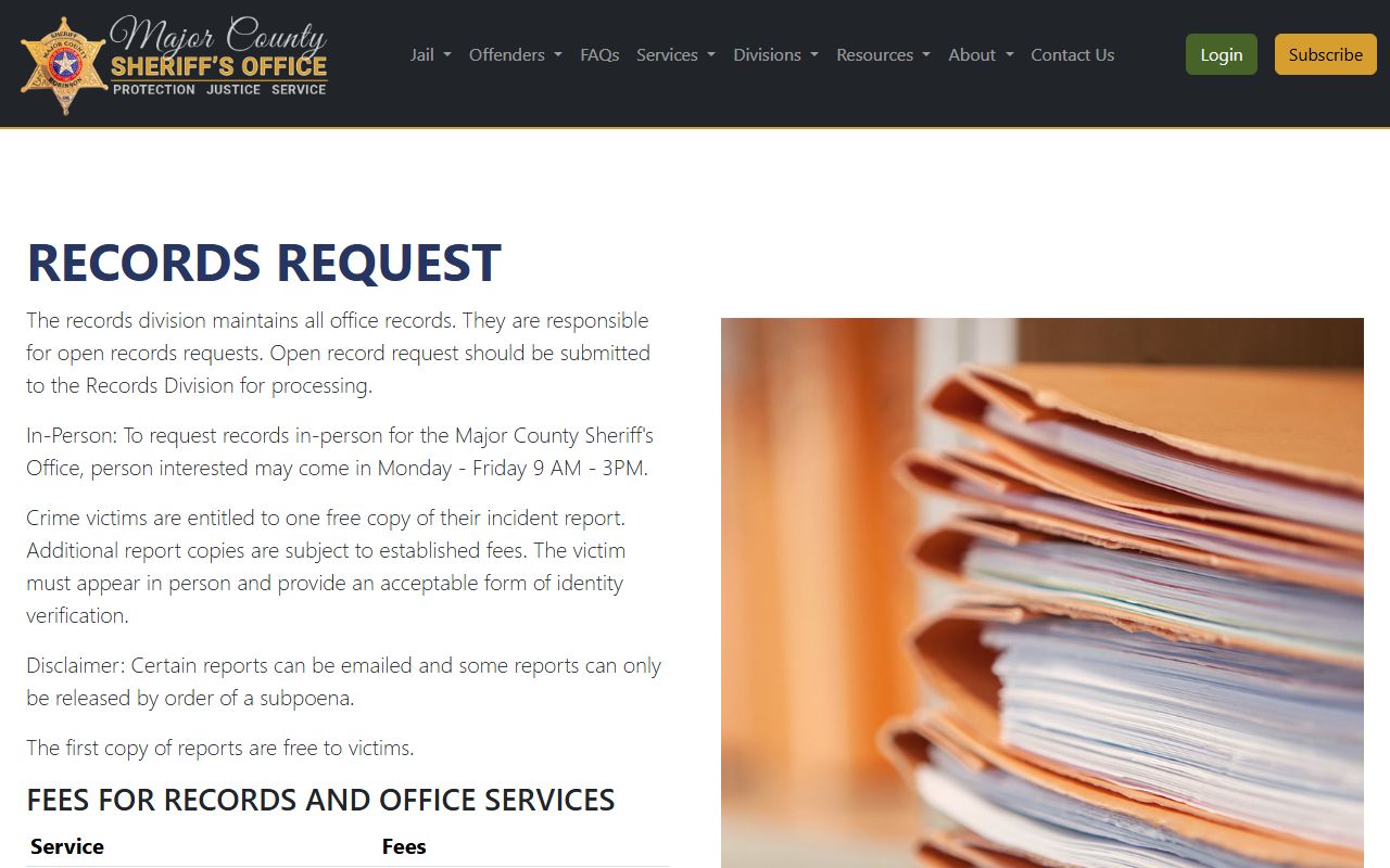 Major County inmate records request page for jail booking records