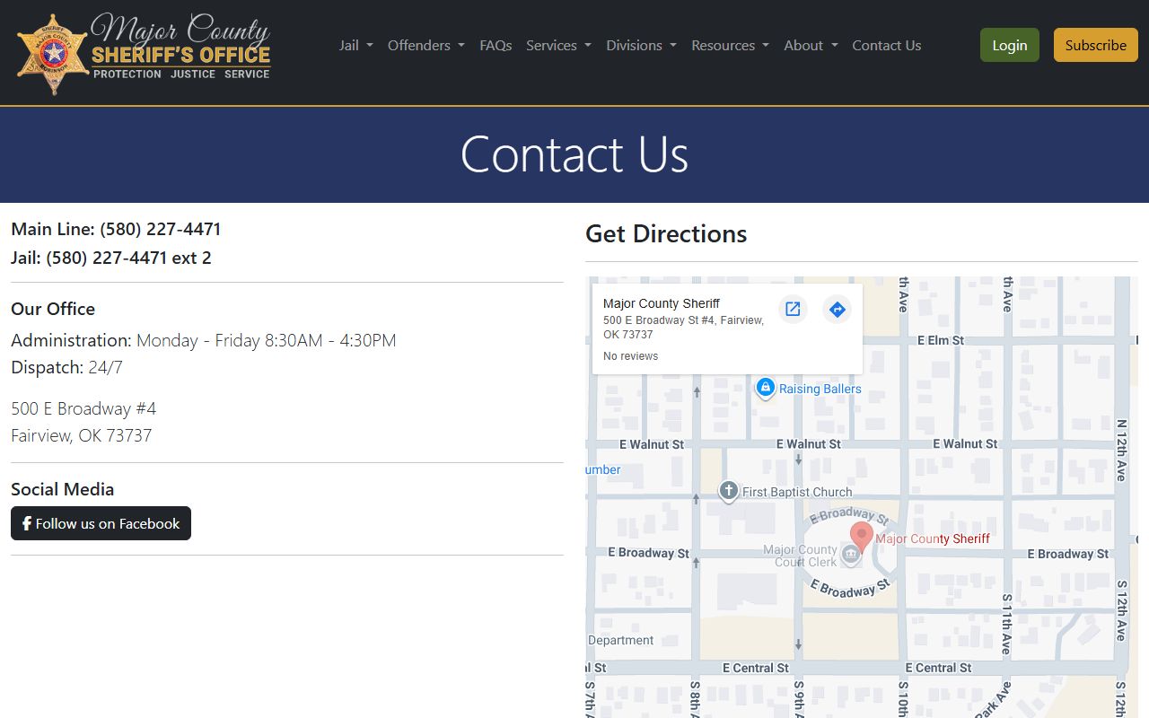 Major County Jail contact information and office hours