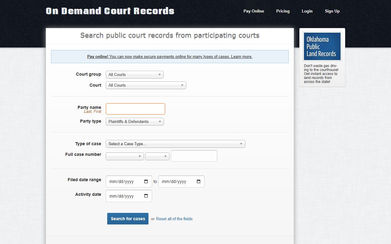 ODCR public Oklahoma court record search page